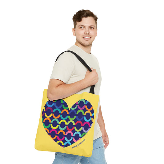 Yellow Tote Bag with Colorful Chain-Pattern Heart — #HeartsInMotion