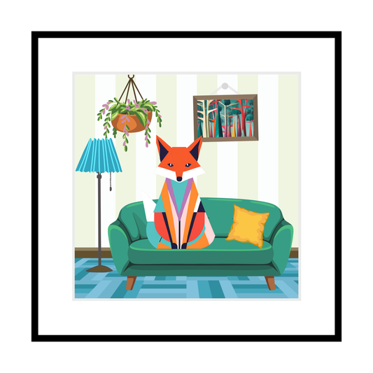 Fox On Green Couch Print - 7.5" x 7.5" Fox Lovers Print