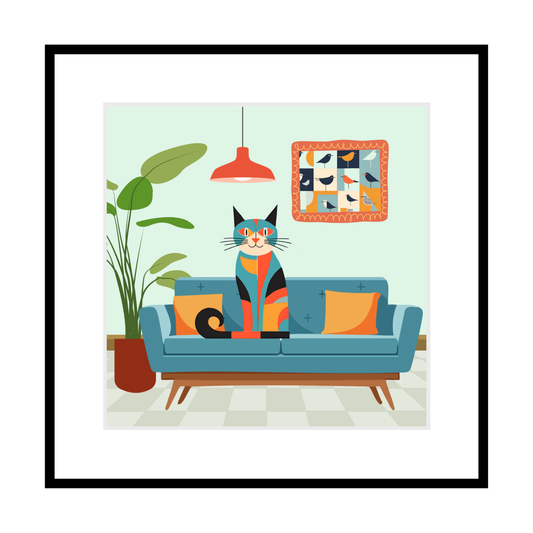 Cat On Blue Couch Print - 7.5" x 7.5" Cat Lovers Print