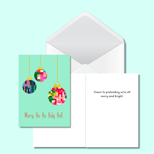 Vivid -Merry Ho Ho Holy Hell Christmas Card - Funny Pixelated Holiday Card 5x7