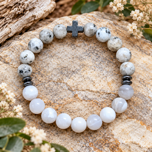 Wht Smoke Sesame Jasper & Wht Jade Bracelet w/Hematite Cross