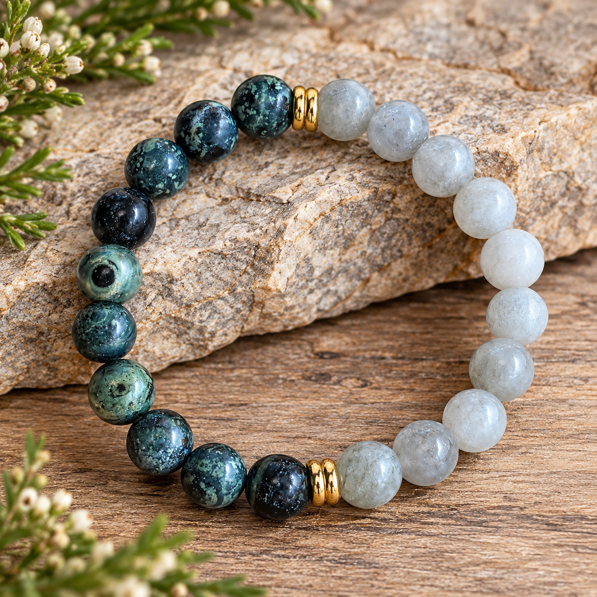 Kambaba Jasper & Dyed White Jasper Bracelet w/ Brass Accents