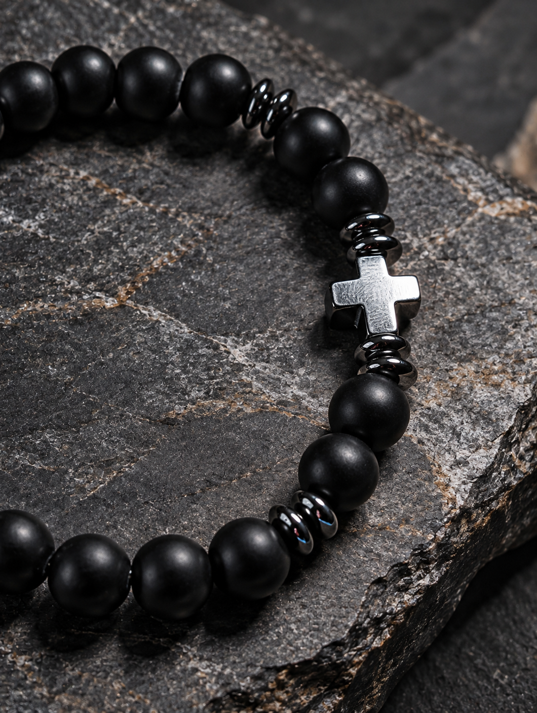 Black Agate & Synthetic Hematite Cross Bracelet