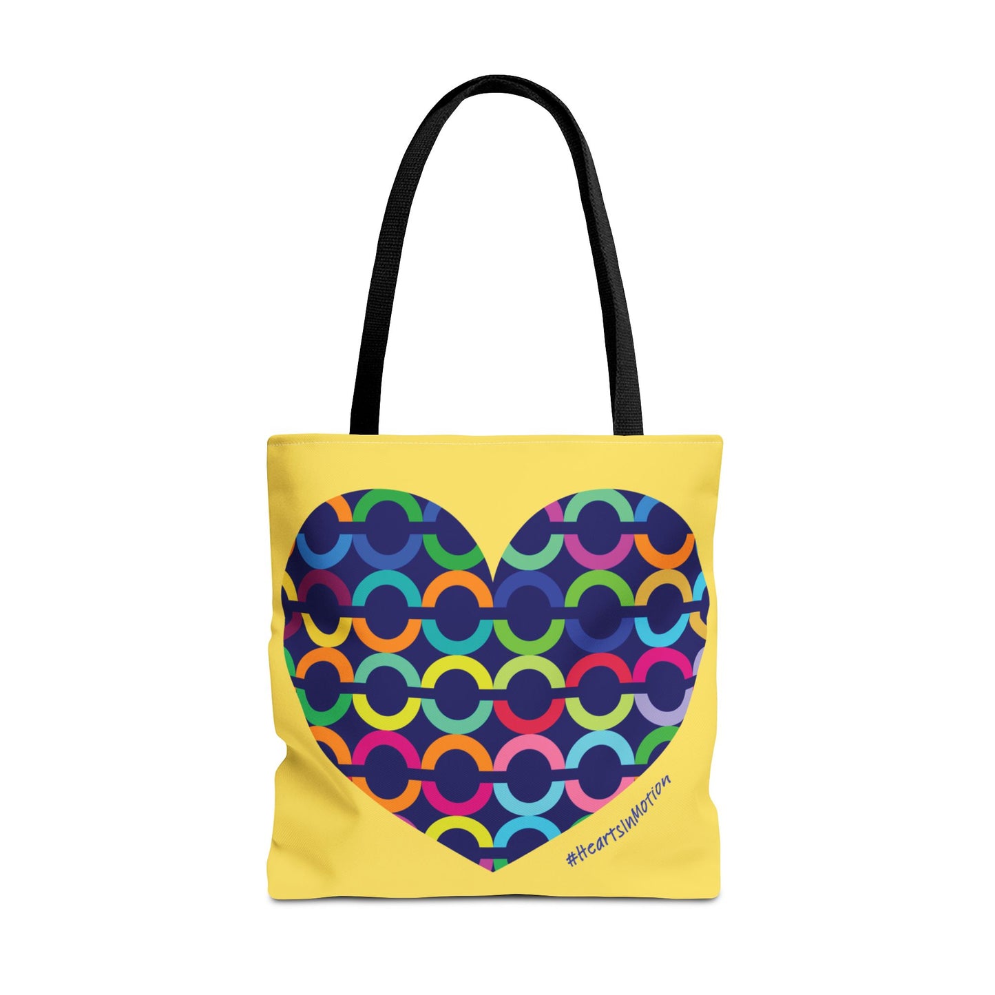 Yellow Tote Bag with Colorful Chain-Pattern Heart — #HeartsInMotion