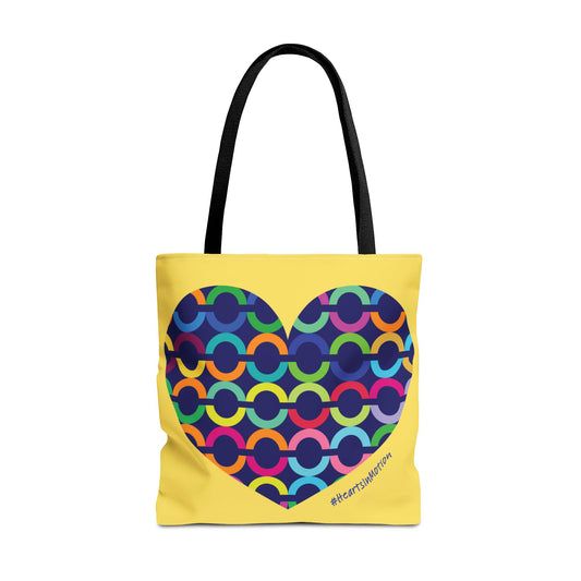 Yellow Tote Bag with Colorful Chain-Pattern Heart — #HeartsInMotion