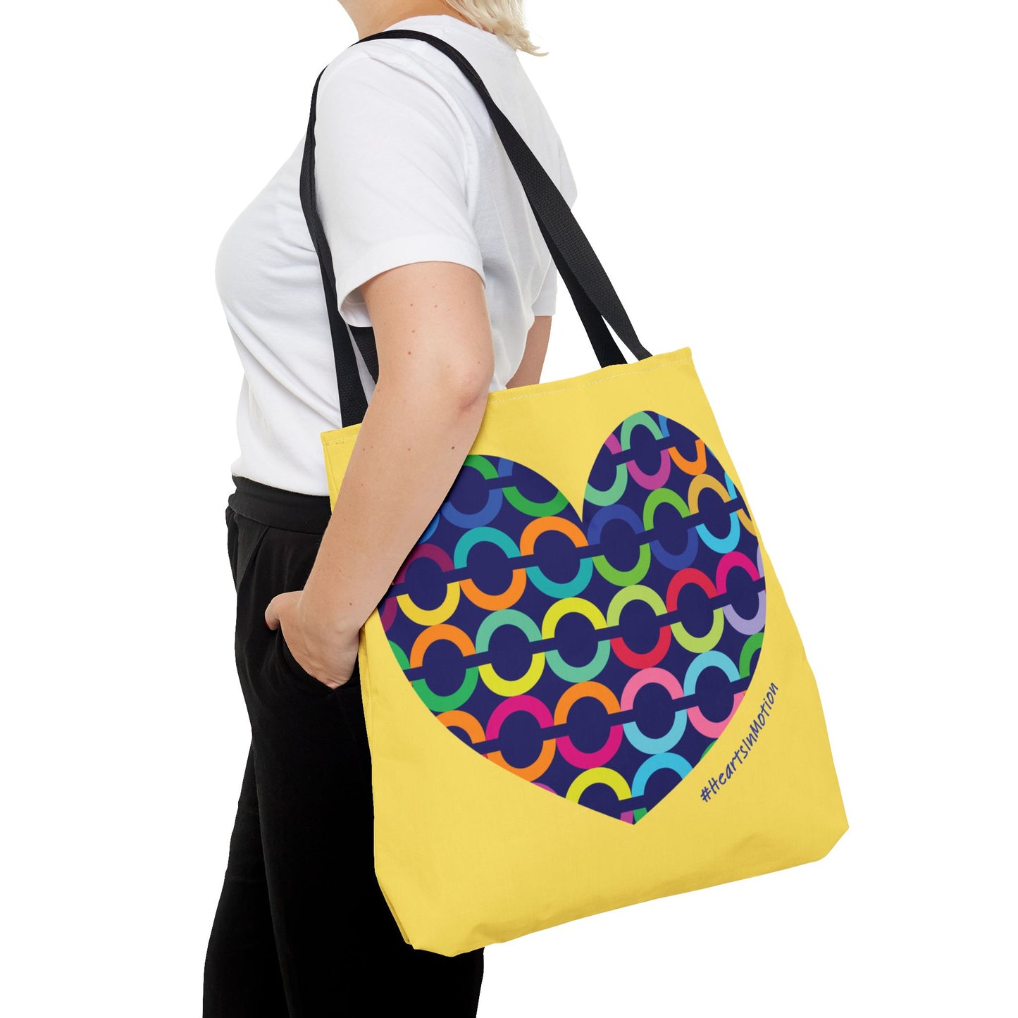 Yellow Tote Bag with Colorful Chain-Pattern Heart — #HeartsInMotion