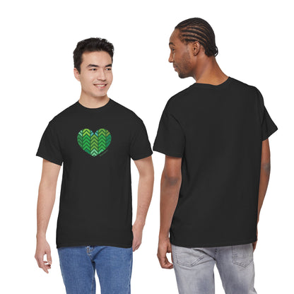Unisex Heavy Cotton Tee with Green Chevron Heart Design - #HeartsInMotion