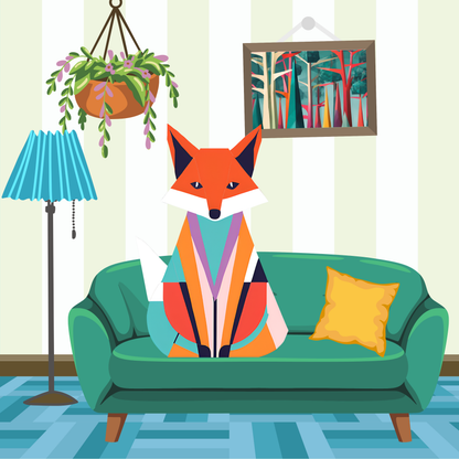 Fox  On Green Couch Print - 7.5" x 7.5"  Fox Lovers Print