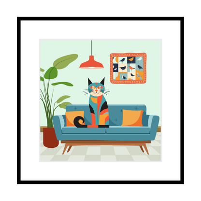 Cat On Blue Couch Print - 7.5" x 7.5"  Cat Lovers Print