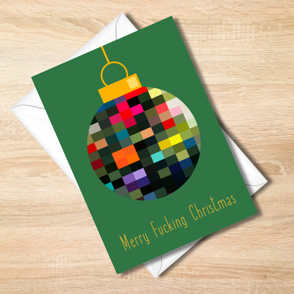 Bold Pixelated Christmas Ball Card -Merry Fucking Christmas Funny Holiday Card