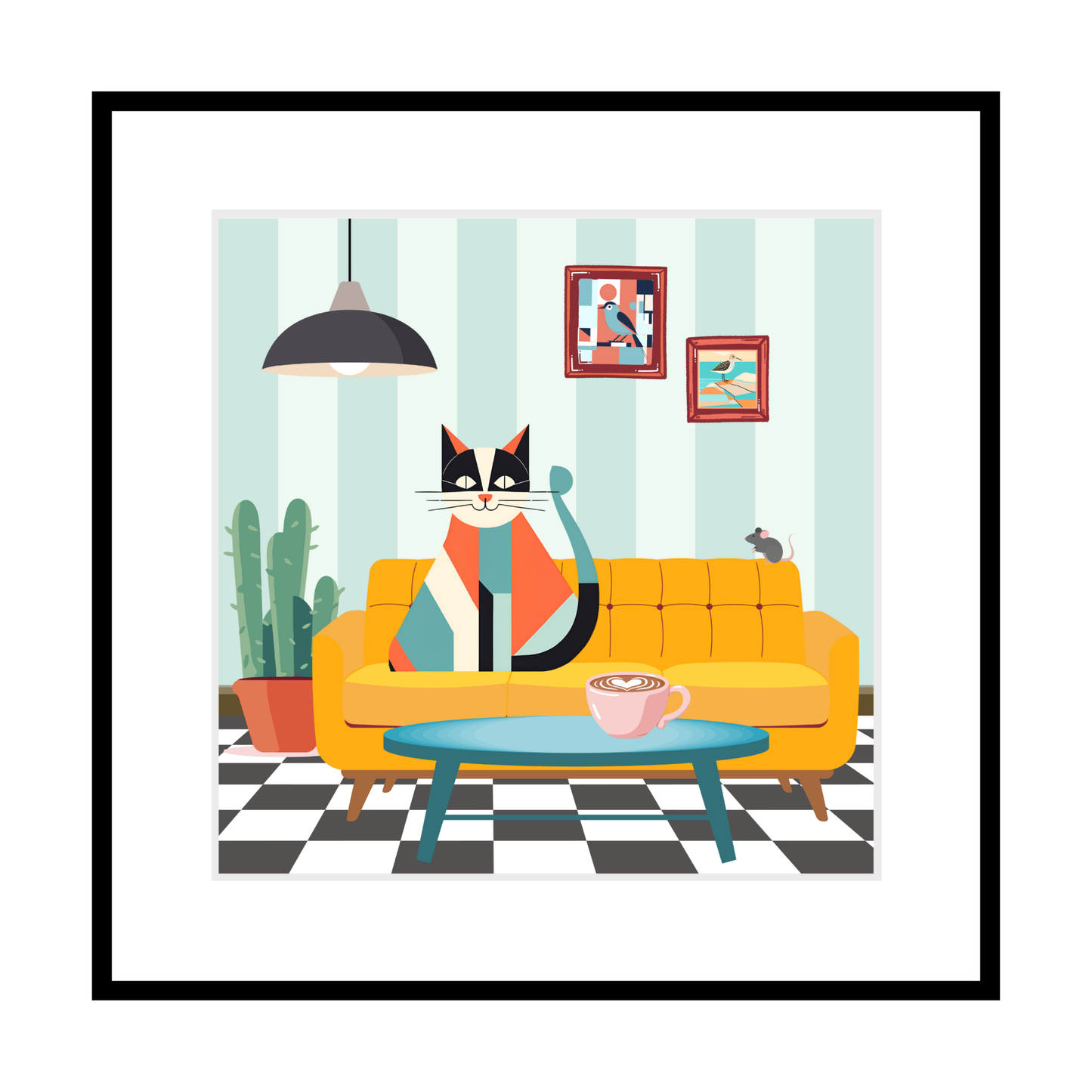 Cat On Yellow Couch Print - 7.5" x 7.5"  Cat Lovers Print