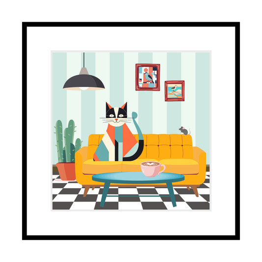 Cat On Yellow Couch Print - 7.5" x 7.5"  Cat Lovers Print