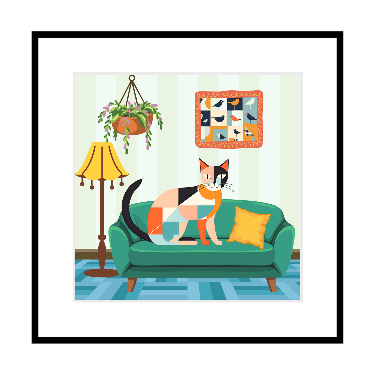 Cat On Green Couch Print - 7.5" x 7.5"  Cat Lovers Print
