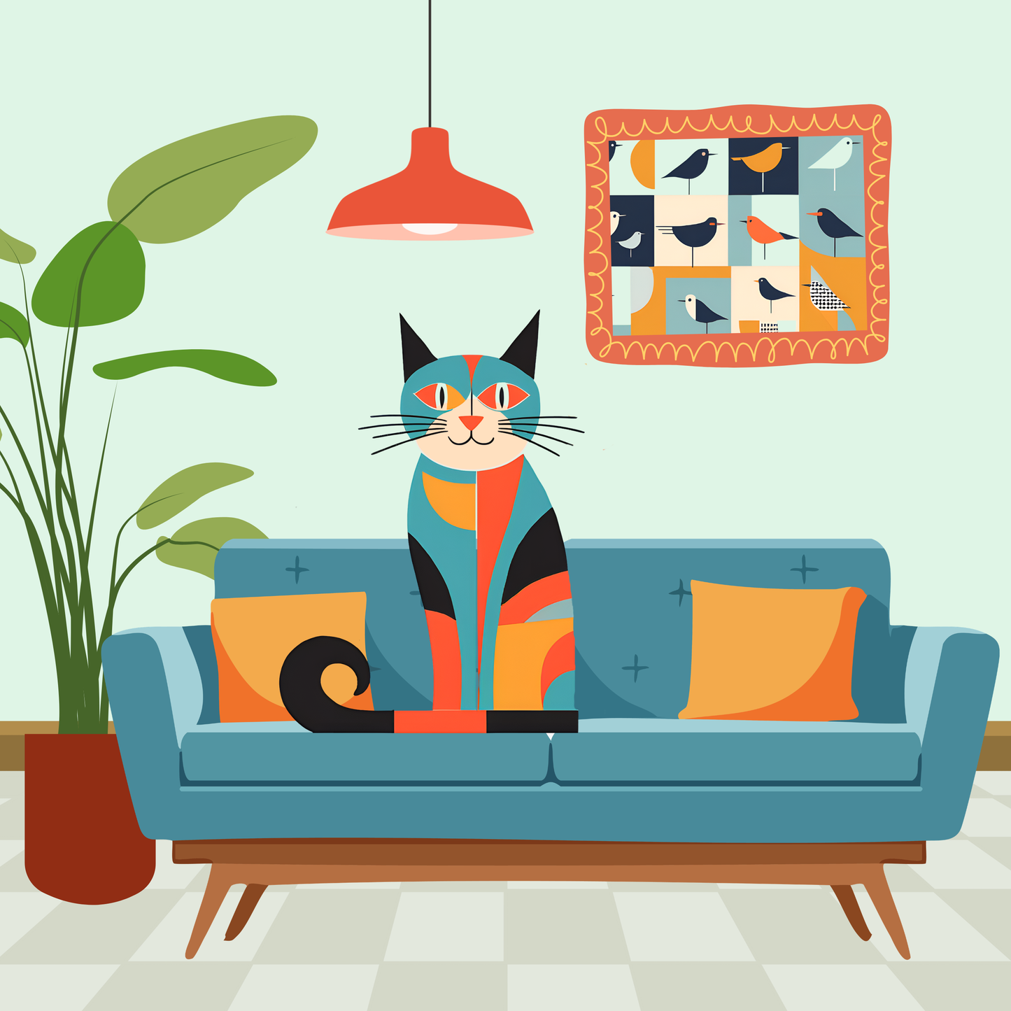 Cat On Blue Couch Print - 7.5" x 7.5"  Cat Lovers Print
