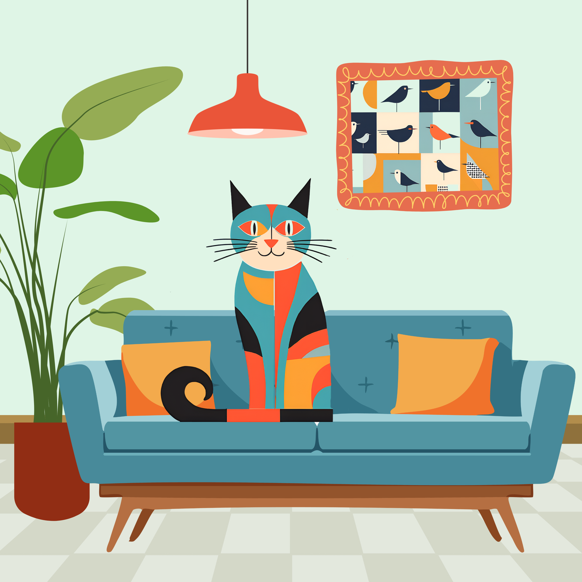 Cat On Blue Couch Print - 7.5" x 7.5"  Cat Lovers Print