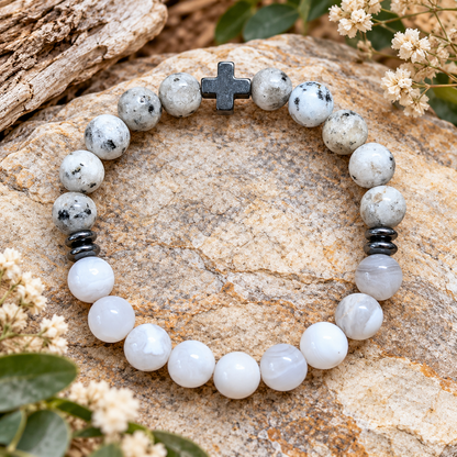 Wht Smoke Sesame Jasper & Wht Jade Bracelet w/Hematite Cross
