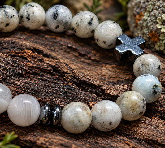 Wht Smoke Sesame Jasper & Wht Jade Bracelet w/Hematite Cross