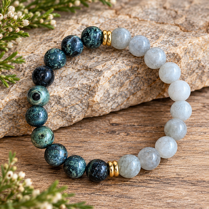 Kambaba Jasper & Dyed White Jasper Bracelet w/ Brass Accents