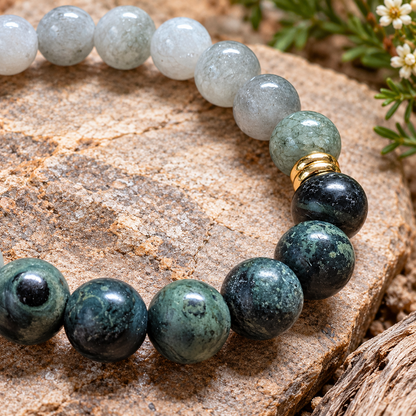 Kambaba Jasper & Dyed White Jasper Bracelet w/ Brass Accents