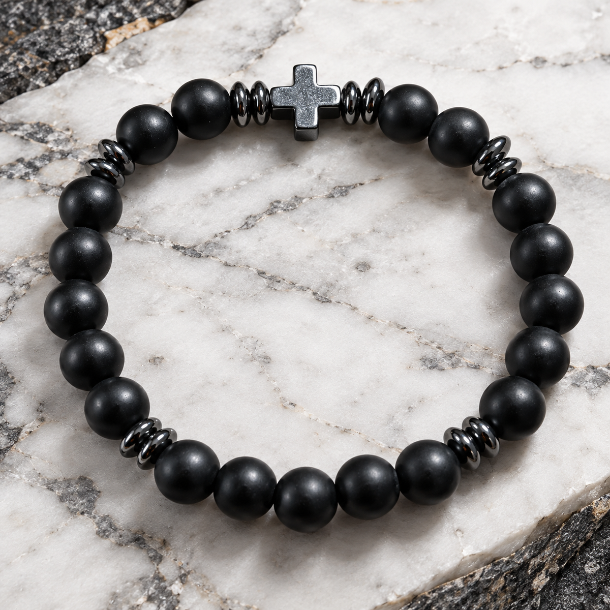 Black Agate & Synthetic Hematite Cross Bracelet