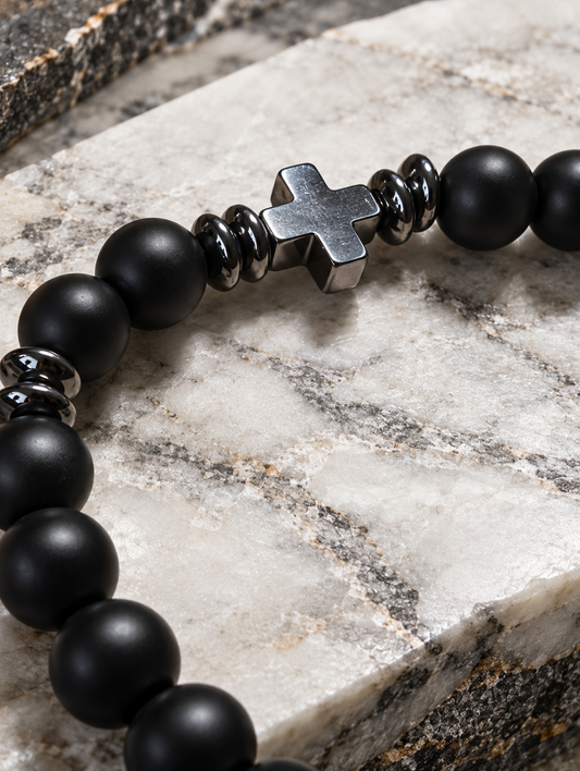 Black Agate & Synthetic Hematite Cross Bracelet