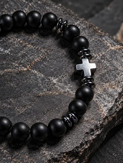 Black Agate & Synthetic Hematite Cross Bracelet
