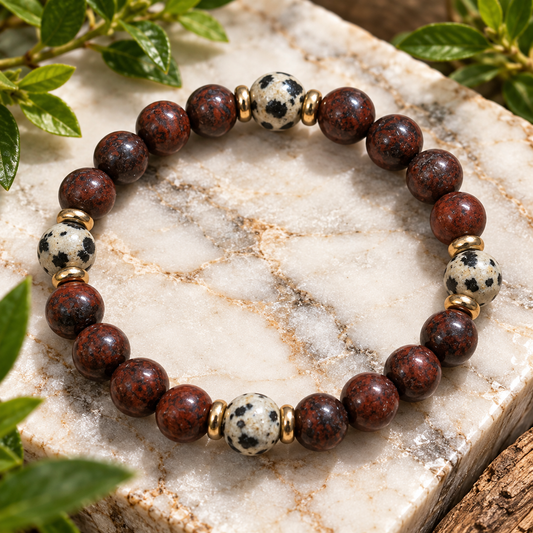 Red Brecciated Jasper Bracelet with Dalmatian Jasper & Brass
