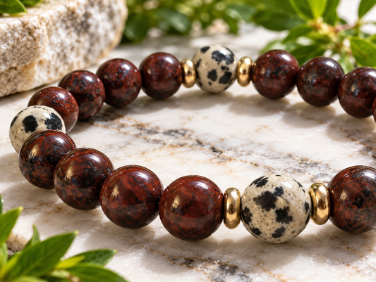 Red Brecciated Jasper Bracelet with Dalmatian Jasper & Brass