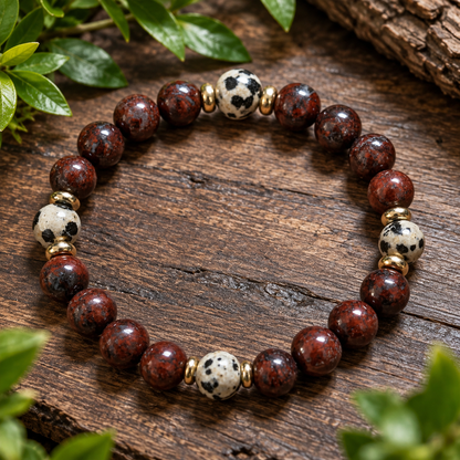 Red Brecciated Jasper Bracelet with Dalmatian Jasper & Brass