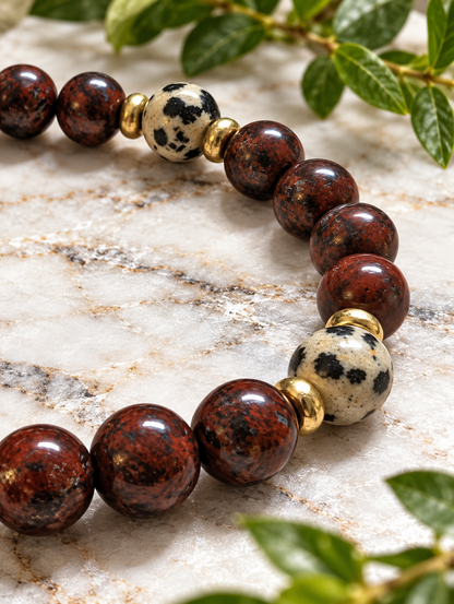 Red Brecciated Jasper Bracelet with Dalmatian Jasper & Brass