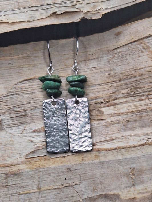 Hammered Silver Rectangle Earrings with Turquoise Chips