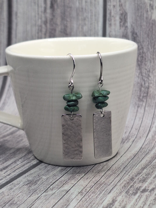 Hammered Silver Rectangle Earrings with Turquoise Chips