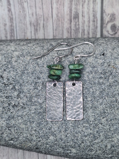 Hammered Silver Rectangle Earrings with Turquoise Chips