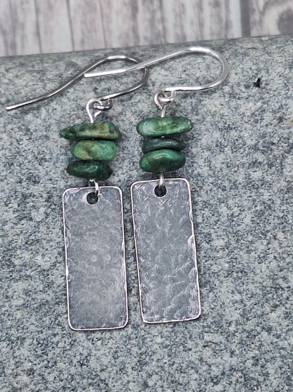 Hammered Silver Rectangle Earrings with Turquoise Chips