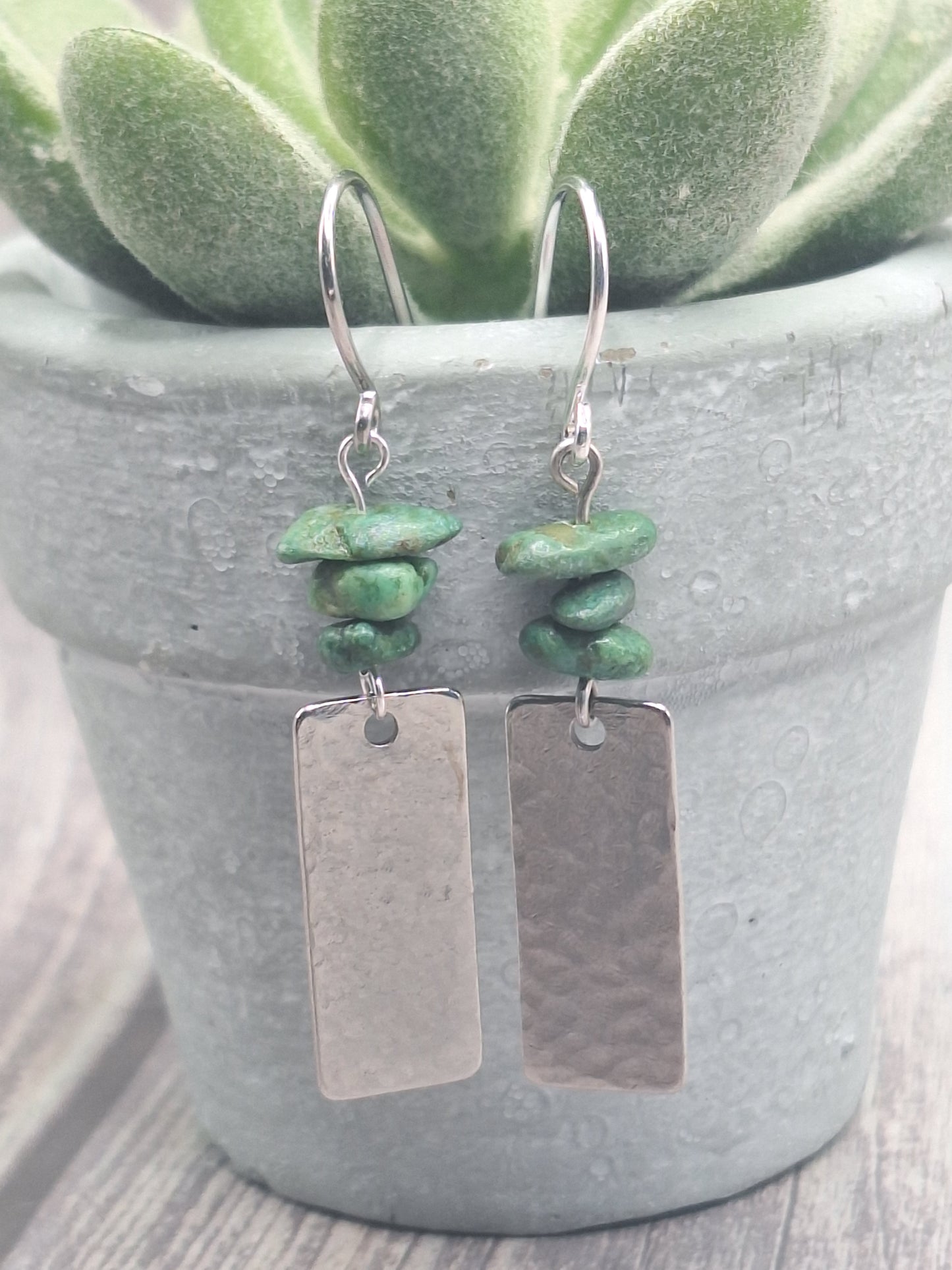 Hammered Silver Rectangle Earrings with Turquoise Chips
