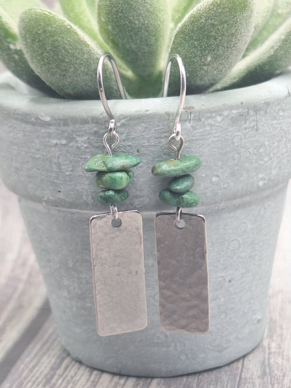 Hammered Silver Rectangle Earrings with Turquoise Chips
