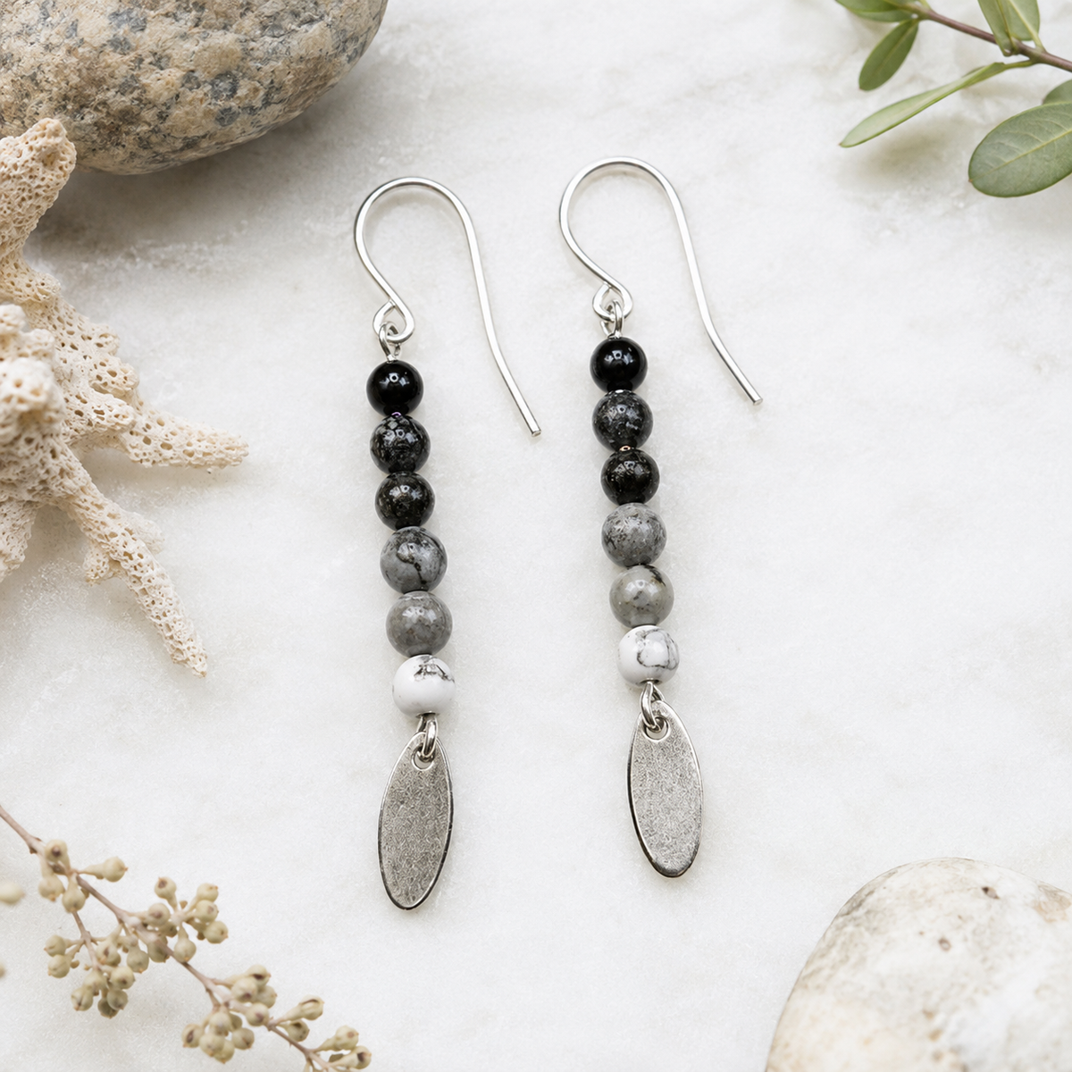Ombre Black, Grey and White Semi Precious Stone Earrings