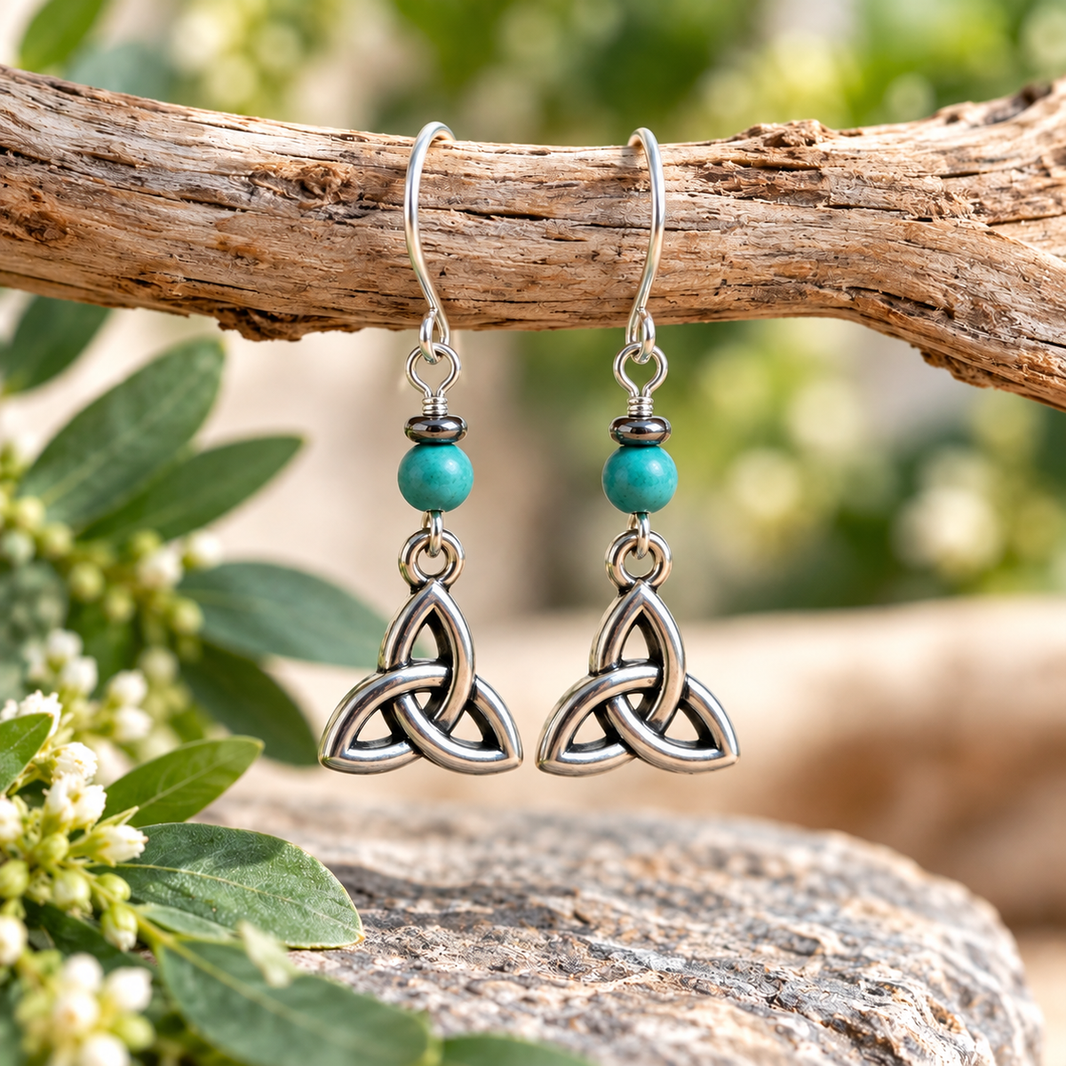 Turquoise & Silver Celtic Trinity Knot Dangle Earrings