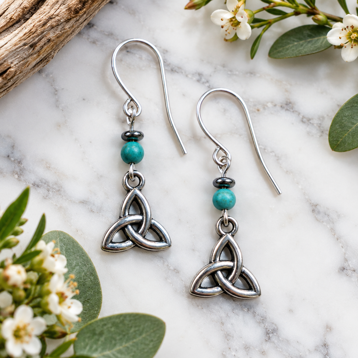 Turquoise & Silver Celtic Trinity Knot Dangle Earrings