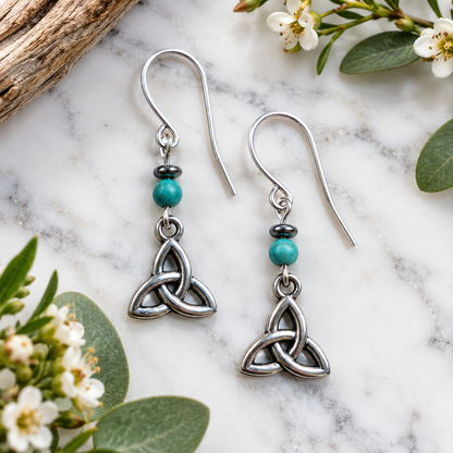 Turquoise & Silver Celtic Trinity Knot Dangle Earrings