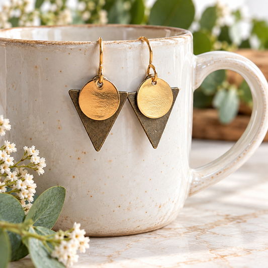 Gold & Bronze Geometric Circle and Triangle Earrings