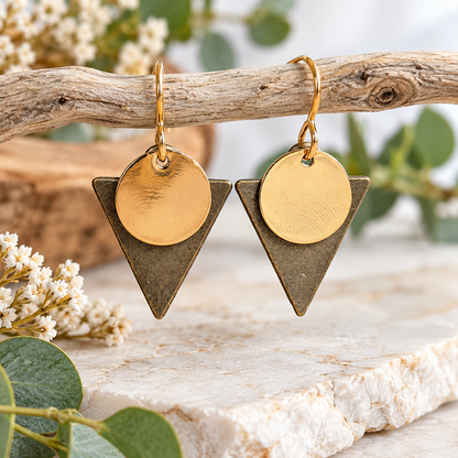 Gold & Bronze Geometric Circle and Triangle Earrings